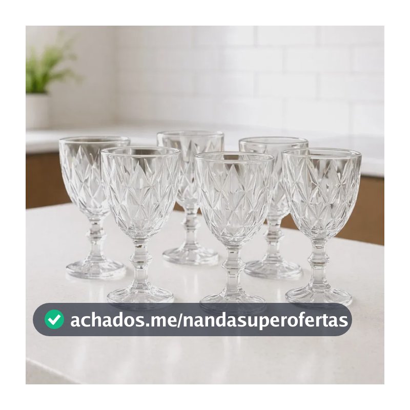 Jogo 6 Taças Diamond Transparente 340ml Vidro Diamante Mesa Transparente