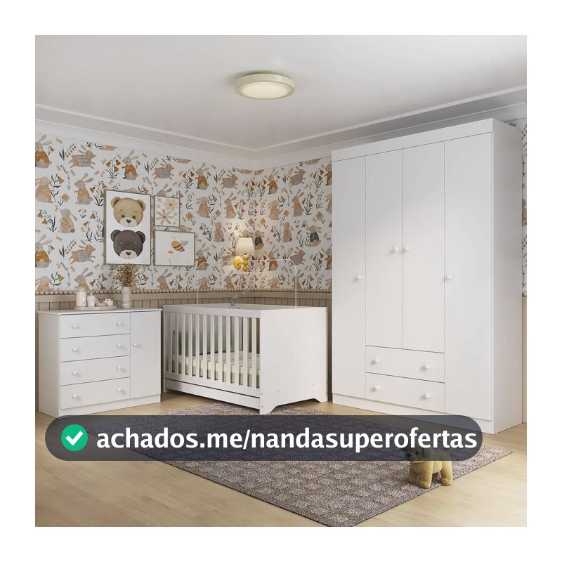Quarto de Bebê Completo com Berço Americano 3 em 1 p/Colchão 130x70cm Encanto Multimóveis MP4581 Branco