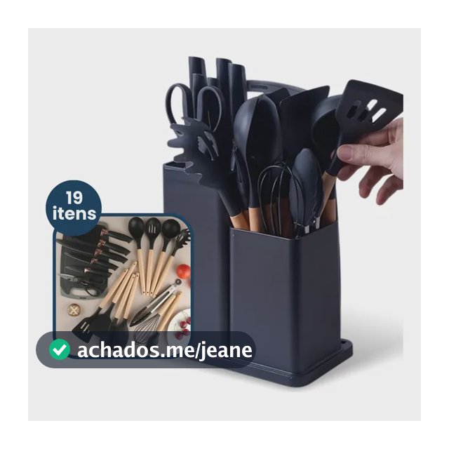 Kit 19 Peças Utensílios Cozinha Silicone Antiaderente Preto Com Tábua Sd1vv