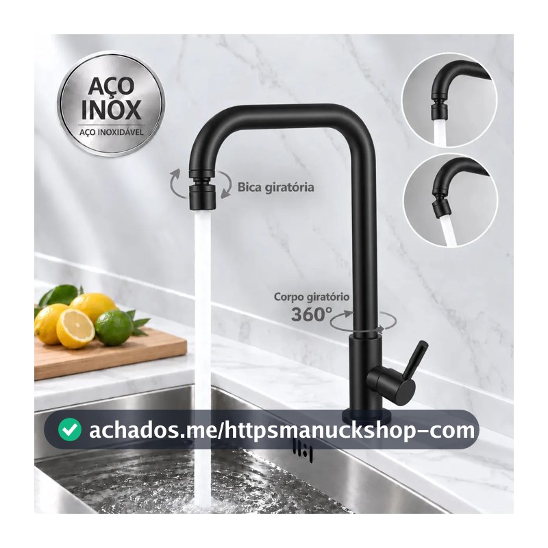 Torneira Cozinha Inox Preta Água Fria Bica Alta Giratória Corpo Giratório com Arejador