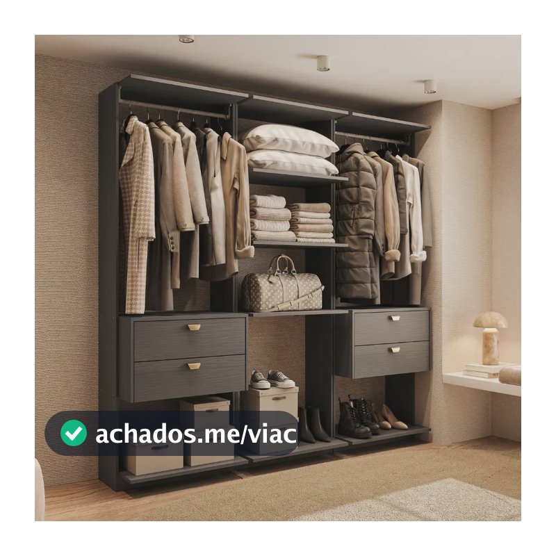 Guarda-roupas Closet Modulado Alasca 180cm 3 Peças Com 4 Gavetas Laterais E Cabideiros Preto Touch Carraro