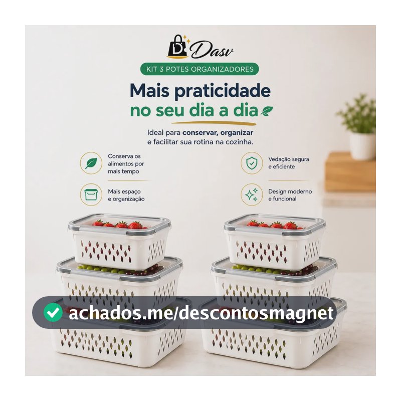 Conjunto Kit 6 Organizadores Geladeira Transparente Hermético Escorredor Cesto Frutas Alimentos Verduras Legumes Dasv