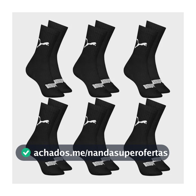 6 Pares Meias Puma Cano Médio Alto Atoalhada Academia Sport
