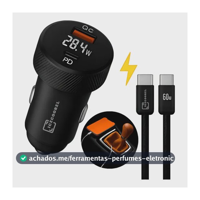 Kit Carregador Veicular Turbo 60w Usb-c Automotivo Carro Usb Compatível Com iPhone Android Tomada Carro Voltímetro Display Led Cinzeiro Extensao Saídas Preto Ice Coorel
