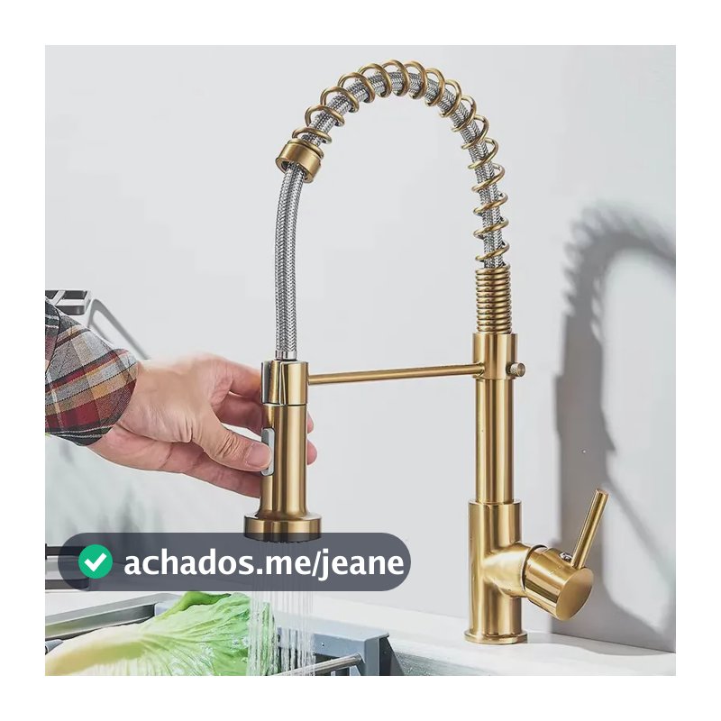 Torneira Gourmet Inox Com Ducha Retrátil Monocomando Dourado Brilhante
