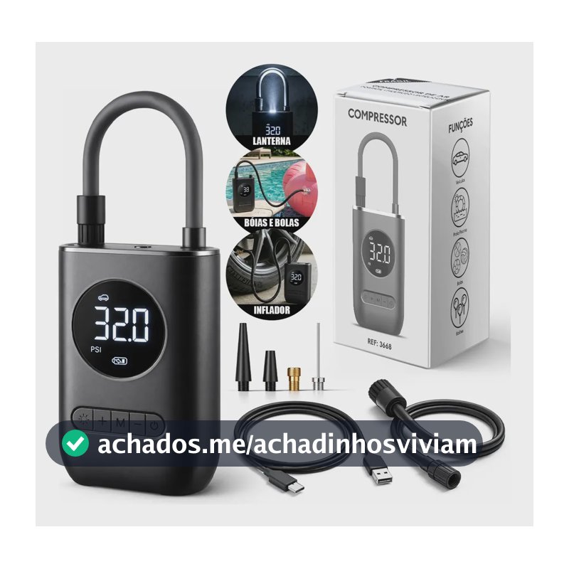 Mini Compressor de Ar Digital Portátil Recarregável USB-C Lumi para Pneus de Carro, Moto e Bicicleta Inflador Elétrico de Bolas e Infláveis Display LCD Alta Pressão Sem Fio Preto