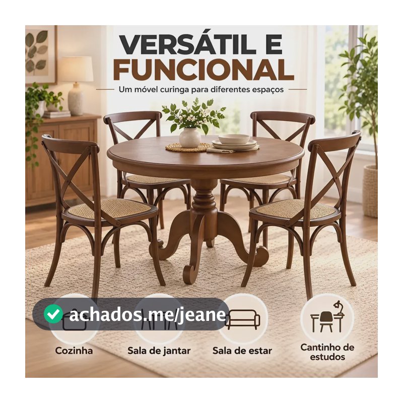 Mesa De Jantar Madeira Maciça Redonda Troia 90cm 4 Lugares Castanho Canela