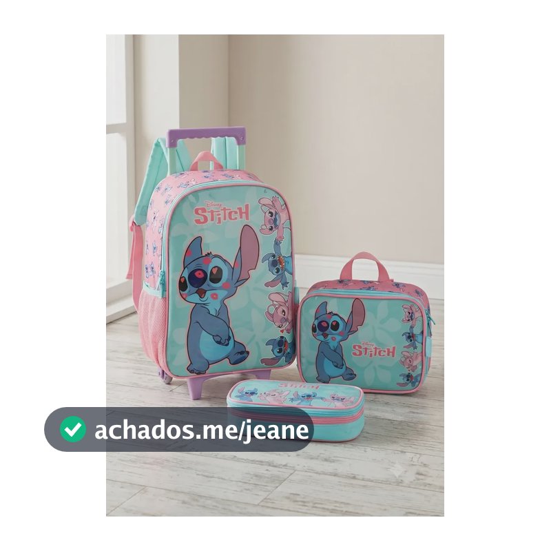 Kit Escolar Mochila Rodinha Lancheira Estojo Disney Stitch Verde Stitch