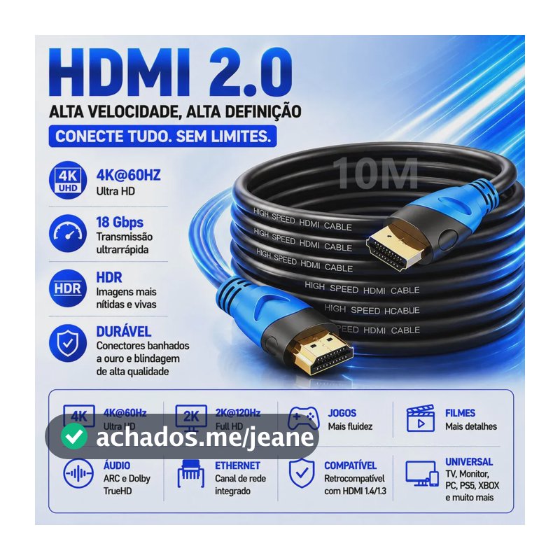Cabo HDMI 2.0 10m Copa do Mundo 8K 60Hz 4K 120Hz Ultra Alta Velocidade 48Gbps Blindado Futebol TV PS5 Xbox-Cat Gruciso