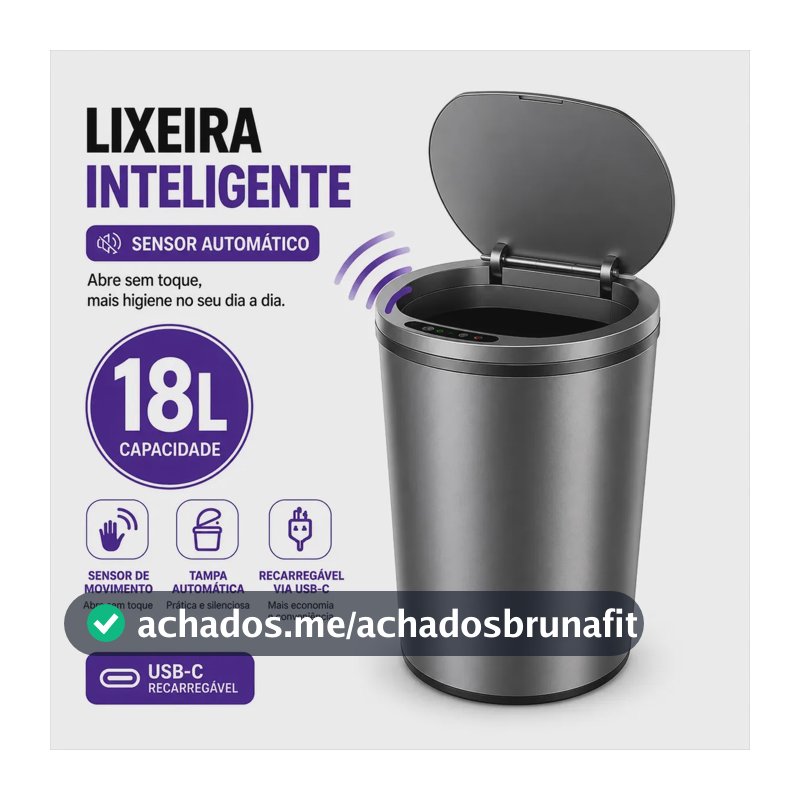Lixeira Inteligente 18L Sensor Infravermelho Recarregável USB-C Anti Odor Cozinha Banheiro