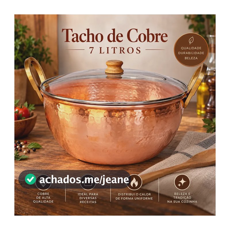 Tacho De Cobre 7 Litros Com Alças De Bronze E Tampa De Vidro