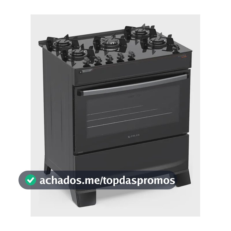 Fogão 5 Bocas Atlas Atenas Glass A Gás com Mesa de Vidro e Mega Chama Preto Bivolt