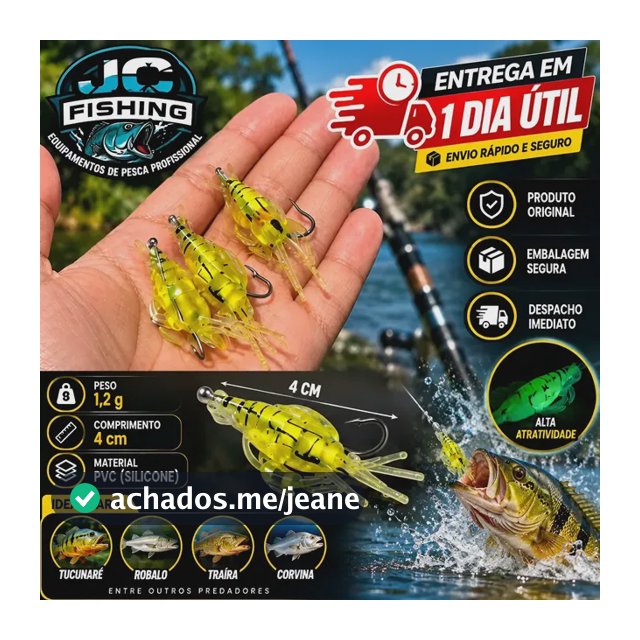 Kit 10 Iscas Camarão Artificial 4cm 1,2g Silicone Tucunaré Amarelo