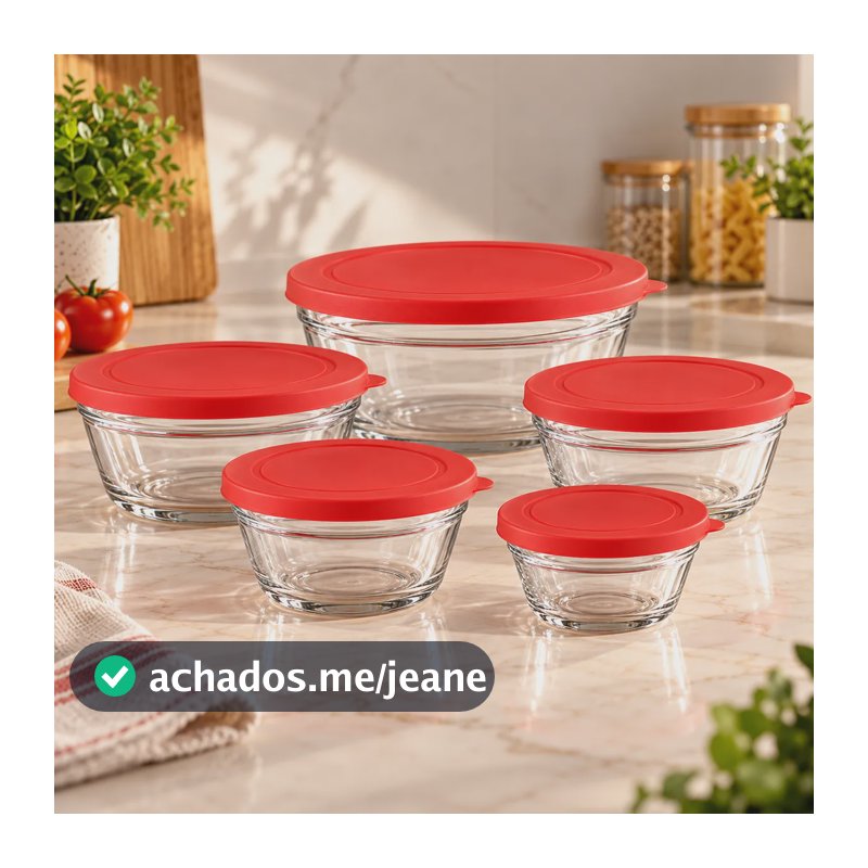 Conjunto 5 Tigelas De Vidro Com Tampa Potes 130ml A 1l Vermelho