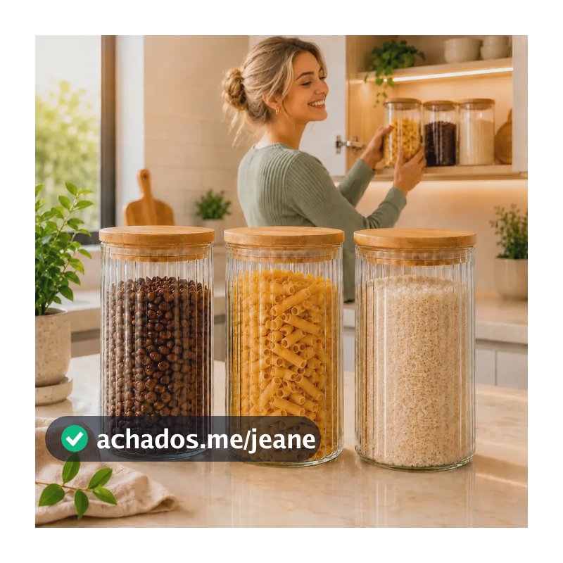 Potes Herméticos De Vidro Com Tampa De Bambu Premium Kit 3 Peças De 1 L Pote De Mantimentos Cozinha Organizada Canelado Serrilhado Jra Mix