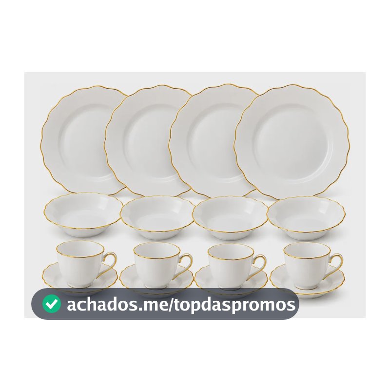 Aparelho De Jantar Branco 16 Peças C/ Xícaras Em Opalina Branco Fio Dourado