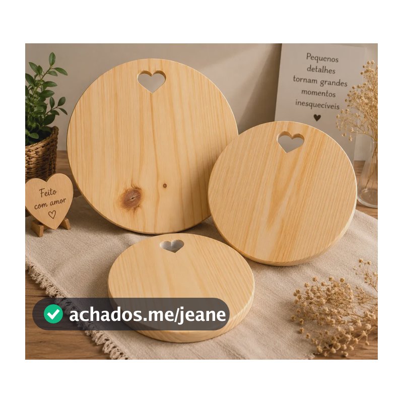 Trio De Tábua Redonda Em Madeira Pinus Coração Petisqueira Decoração Minimalista, Madeira Pinus Natural, Utilidades Decorativas, Decoração Clean, Peça Decor Mesa Escritório Madeira Clara