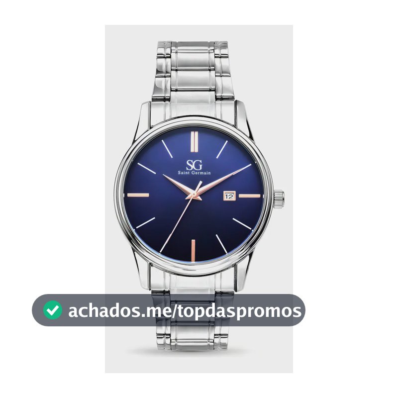 Relógio Masculino Clássico Pulseira Prata Correia Prateada Bisel Prateado Fundo Azul Marinho Saint Germain 42mm Elegante Detalhes Bronze