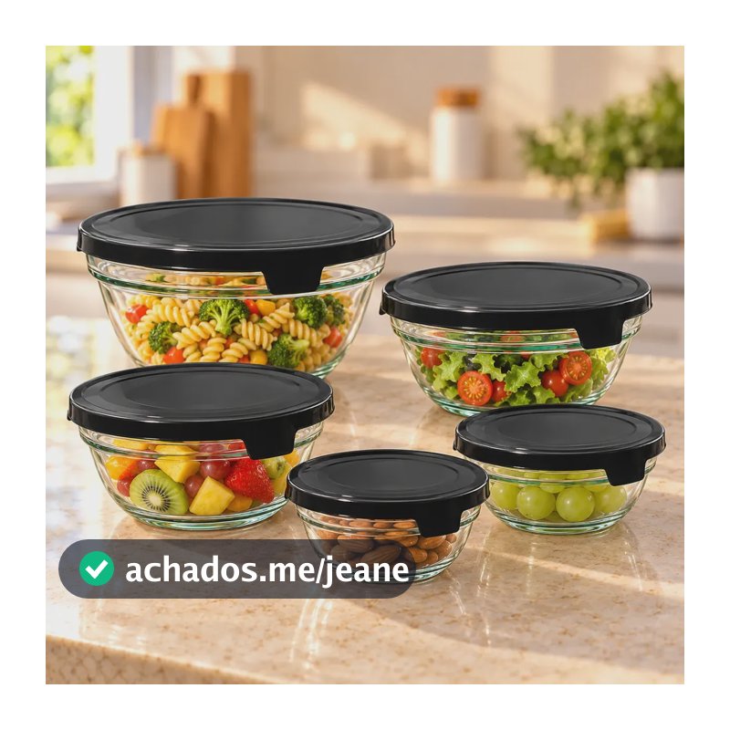 Kit 5 Potes Vidro Hermético Marmita Com Tampa Freezer Forno Preto