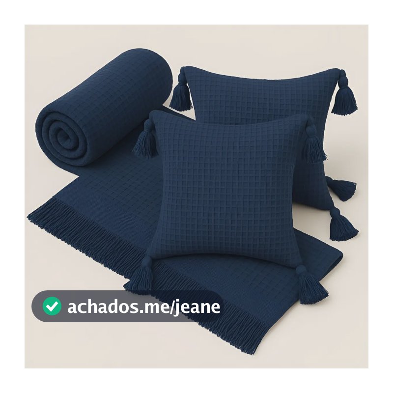 Kit Manta Para Sofá Viena + 2 Capas De Almofada 45x45 Algodão Premium Cor Azul Marinho