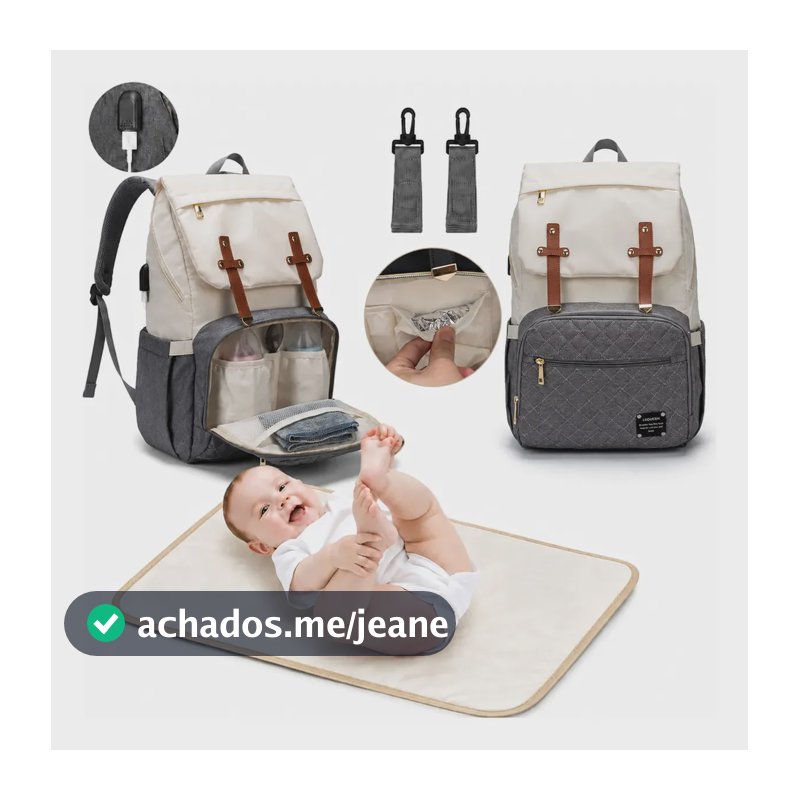 Mochila Bolsa Lequeen Maternidade Dândi Smart Moderna Moda Cor Bege C/ Cinza Desenho do tecido Liso
