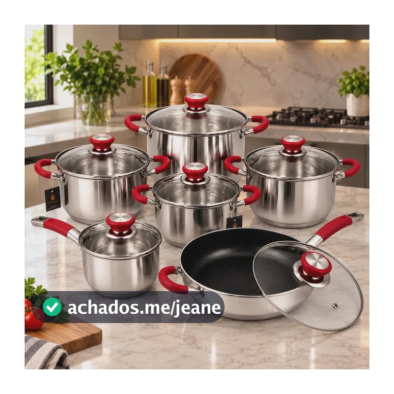 Conjunto Panelas Francesas Genebra 12 Peças Inox E Vidro Vermelho