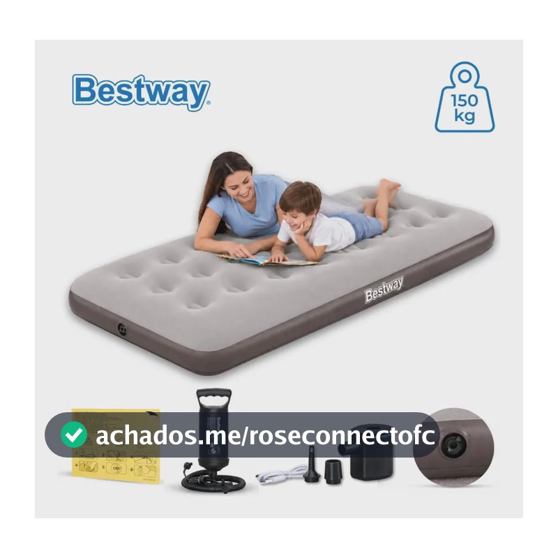 Colchão Camping Solteiro Inflável 150kg Onetech + Bomba De Ar Bestway Cor Bege