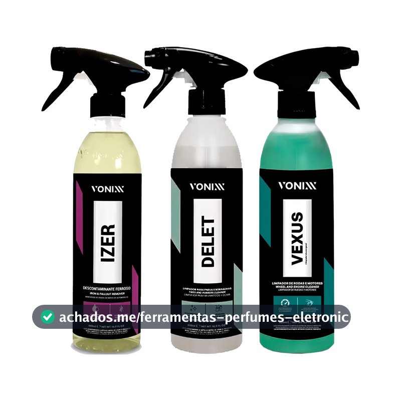 Kit Limpeza Concentrada Vonixx Vexus 500ml Motores + Izer 500ml Descontaminante Ferroso + Delet 500ml Pneus Faróis