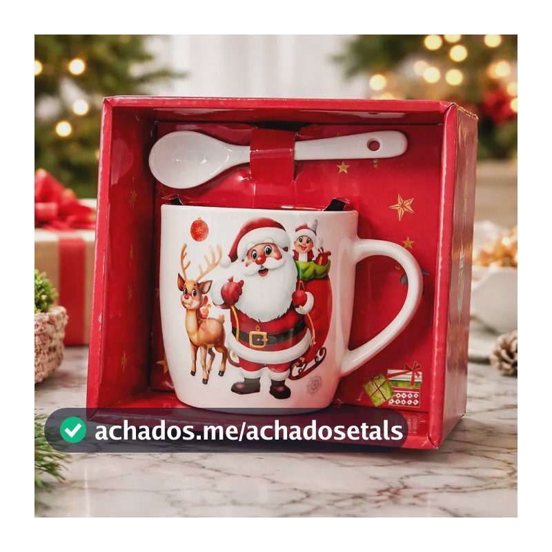 Caneca Natalina Papai Noel Com Colher Para Presente Branco Papai Noel