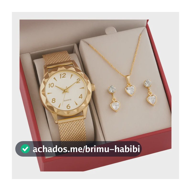 Relógio Feminino+ Colar Pingente Brincos Folheado A Ouro 18k Dourado Branco