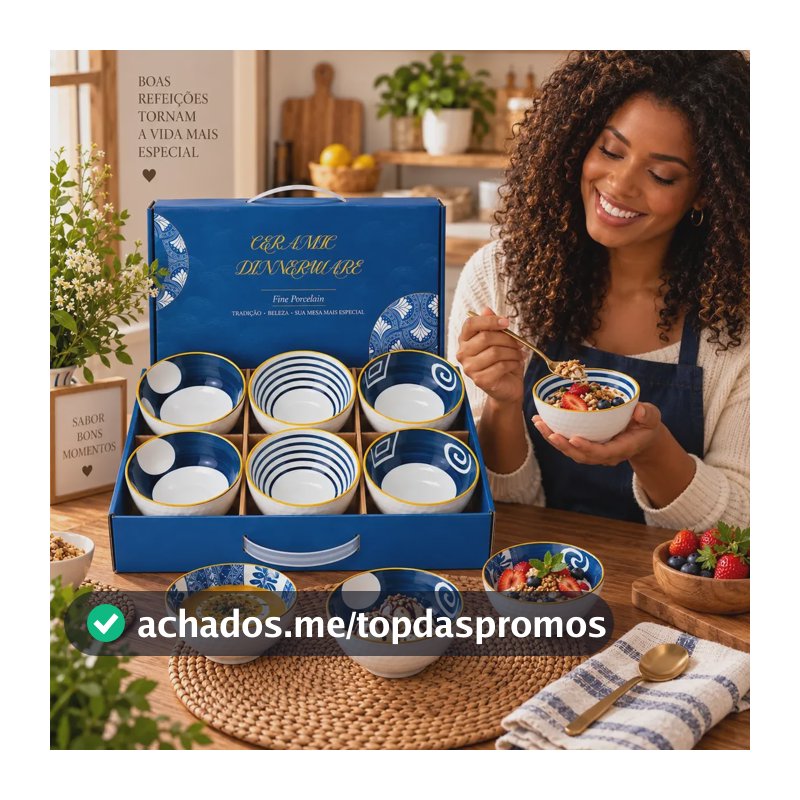 Kit 6 Bowls Porcelana Colorido Cumbuca Tigela 280ml Sopa Azul
