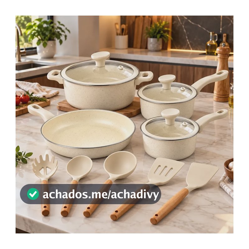 Jogo De Panelas Genebra Cerâmica 12 Pçs Antiaderente Indução Creme
