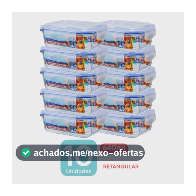 Kit 10 Potes de Vidro Marmita Hermético 640ml Retangular Freezer Fitness Forno Micro Ondas Airfryer com 4 travas de super vedação Mikasa By Chalesco