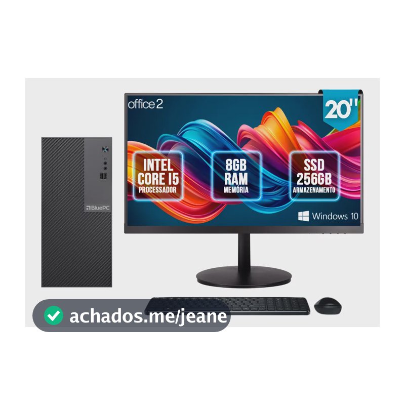 Computador Completo Intel Core i5, 8GB RAM, SSD 256GB, Monitor LED 20", Windows 10 Pro, Preto, Bivolt - BluePC Office2 CDBP-OFF2-106