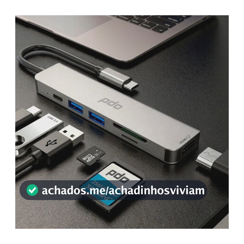 Hub USB-C 6 em 1 PDO com HDMI 4K e 3 Portas USB para Notebook, MacBook e iPad