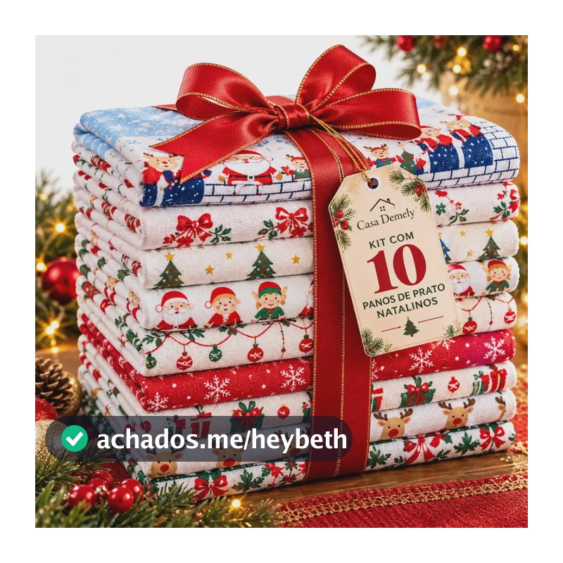 Kit 10 Panos de Prato de Natal Estampados em Algodão para Cozinha
