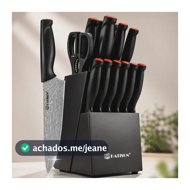 Jogo De Facas 15pçs Damasco Profissional Com Base E Amolador Preto