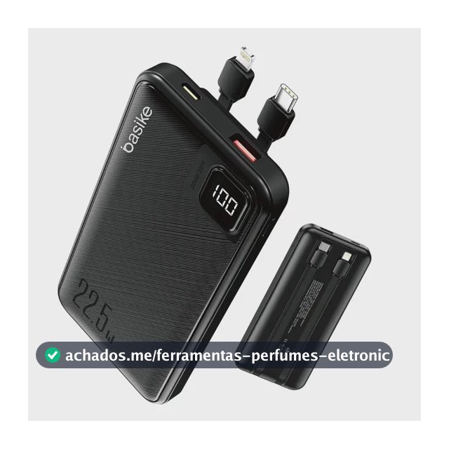Power Bank Basike 10000mAh Preto, Carga Rápida 22.5W para iPhone e Samsung, Com Cabos Embutidos e Display