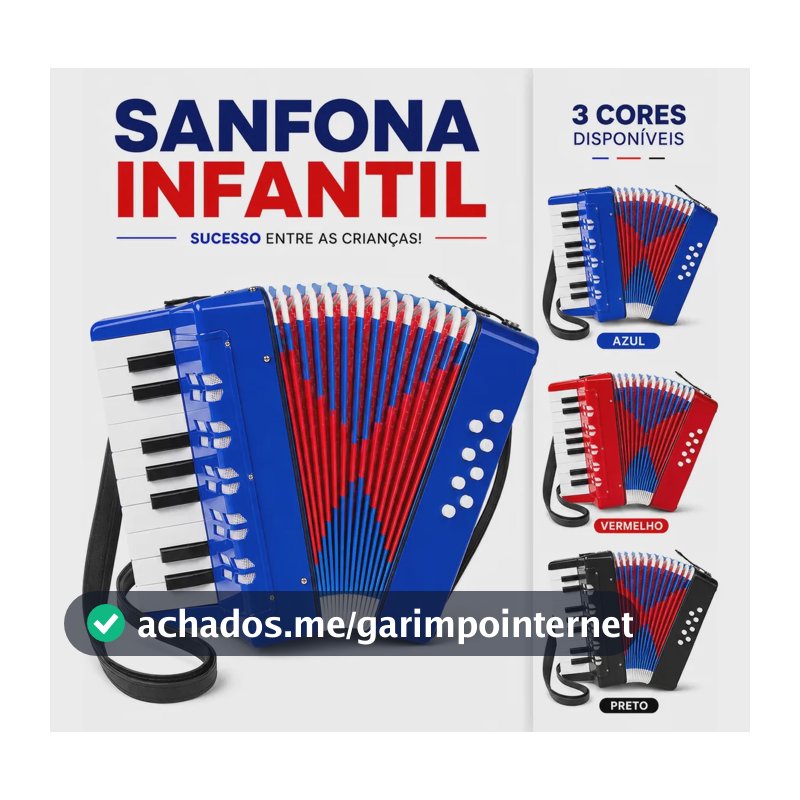 Gaita Sanfona Acordeão Iniciante 8 Baixos 17 Teclas Brinquedo Crianças Sanfona Infantil Brinquedo Musical Azul - Petite Flô