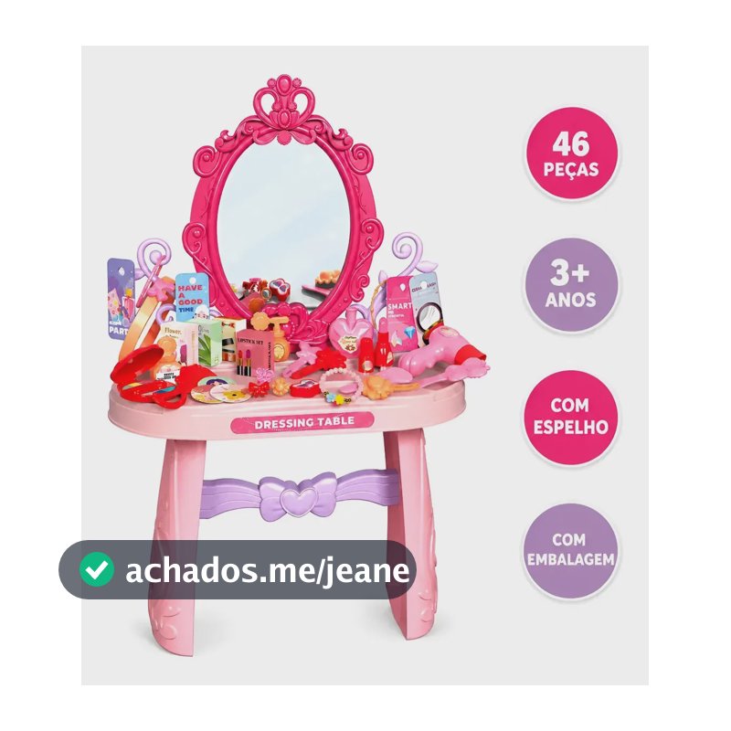 Penteadeira Infantil Princesa Rosa com Espelho e 46 Peças, para Meninas de 3+ Anos