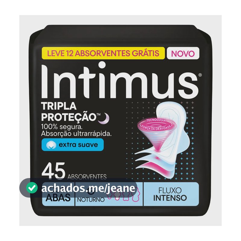 Absorvente Intimus Tripla Proteção Noite Suave Com Abas, Fluxo intenso, 45 unid