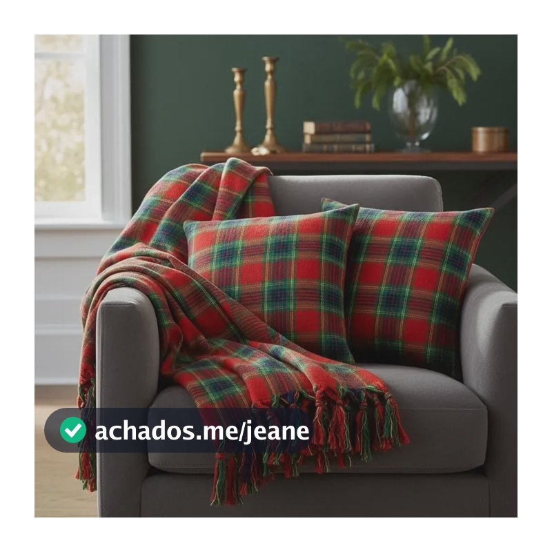 Kit Manta + 2 Capas De Almofada Jacquard Decoração Natal Vermelho Xadrez Dourado
