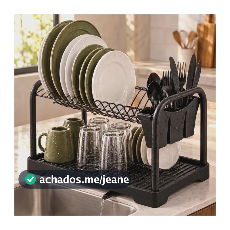 Escorredor de Louças Duplo Master Dois Andares Cozinha Com Porta Talheres Dreno Bica Pratos Pia Bancada Gourmet Premium Preto
