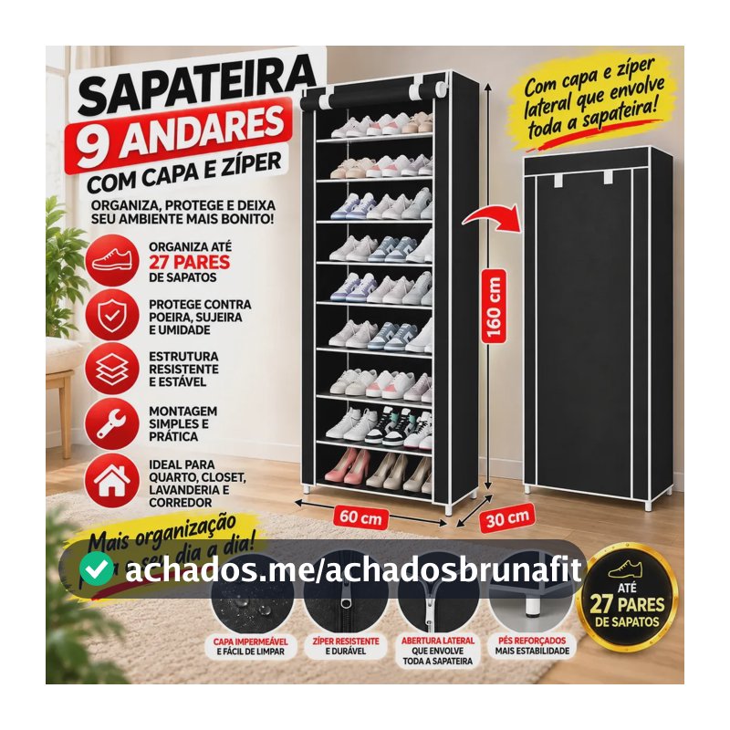 Sapateira 9 Andares Com Capa E Zíper Organizador De Sapatos 27 Pares Grande Vertical Multiuso Preto