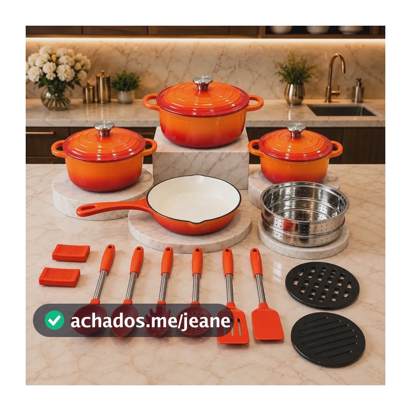 Kit Panelas Ferro Fundido 18 Peças Antiaderente Esmaltada Laranja