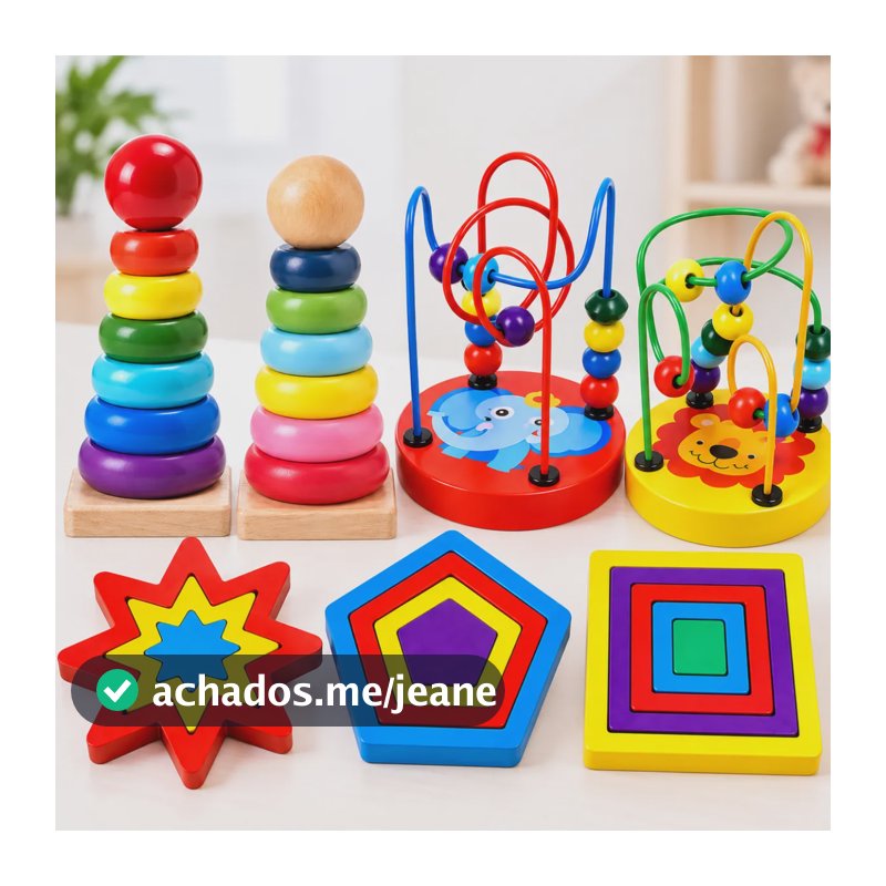 Kit 3 Brinquedos Madeira Montessori Aramado Torre Encaixe Colorido