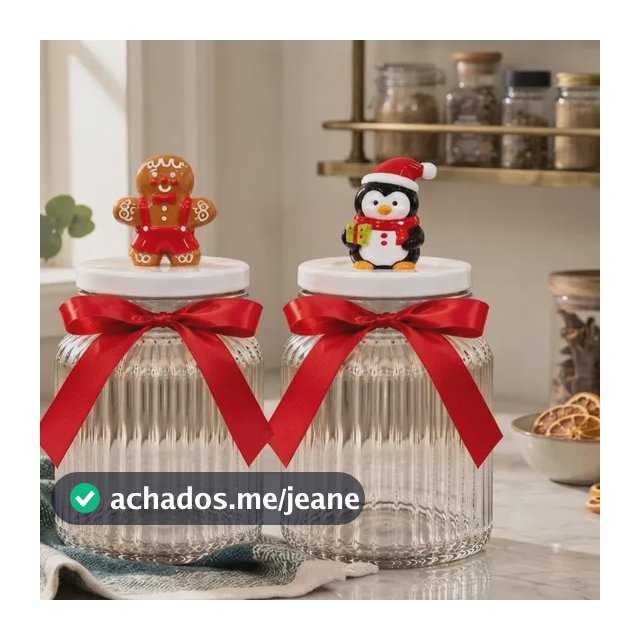 Kit 2 Potes De Vidro Natalinos 950ml Tampa Cerâmica Biscoito Pinguim