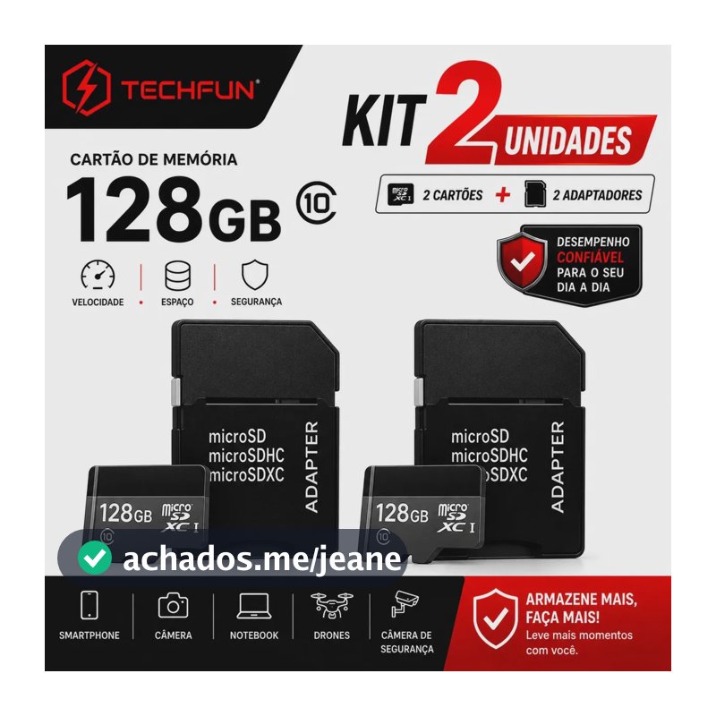 Kit 2 Cartões Micro SD Techfun 128GB Classe 10 Com Adaptador SD Para Celular e Câmera Full HD