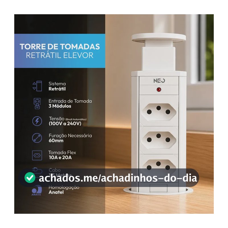 Torre 3 Tomadas Embutir Retrátil Elevor Para Bancada Branco Cod: 370025676 Neo Avant