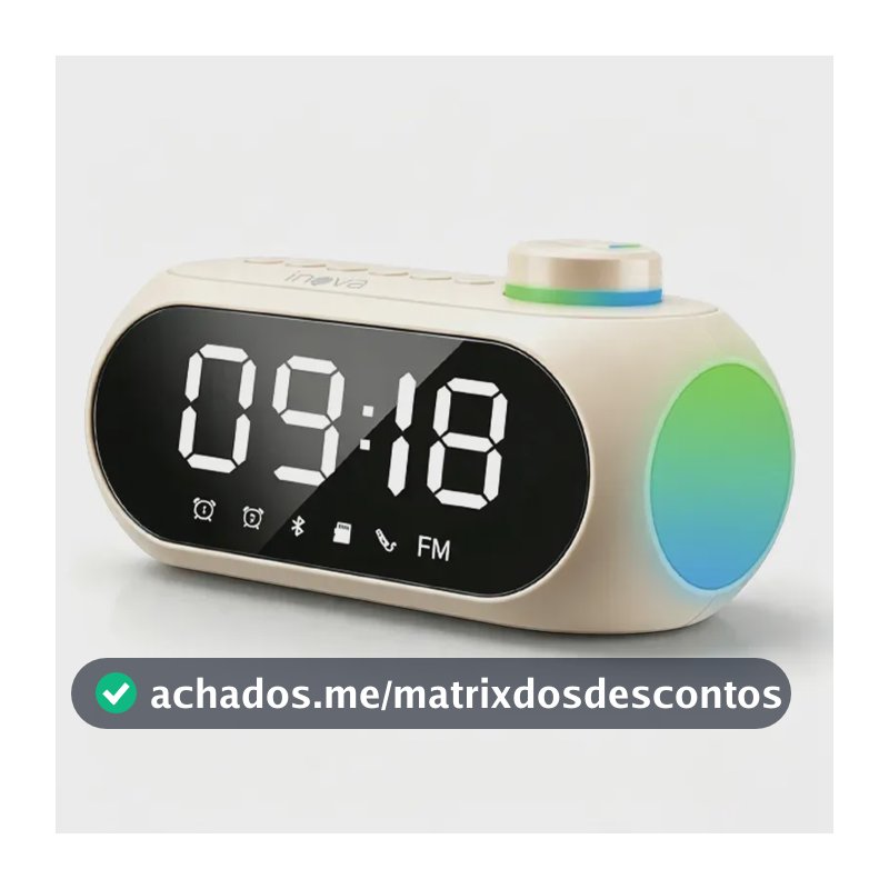 Caixa De Som Bluetooth Sem fio Inova Branco Com Despertador Rádio Fm Relógio Led Luz RGB